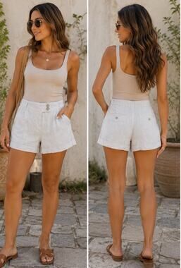 NWT Coastal Beachy Wrap London Cuffed Linen Shorts Sz 8 Stone Grey Summer Resort